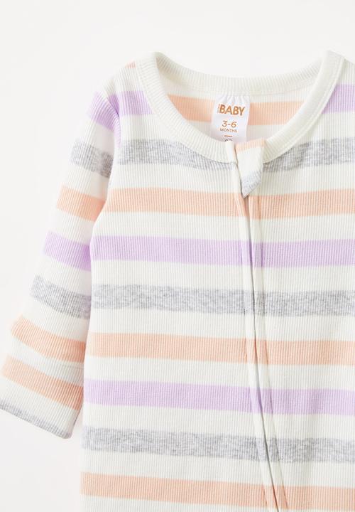 Cotton On - The long sleeve rib romper - vanilla/vintage lilac multi stripe