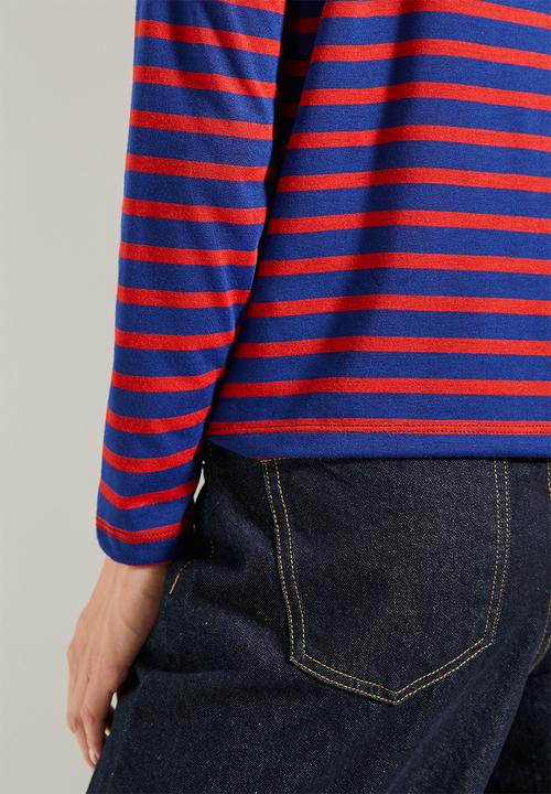 Trendyol - Red-navy striped crew neck knitted t-shirt