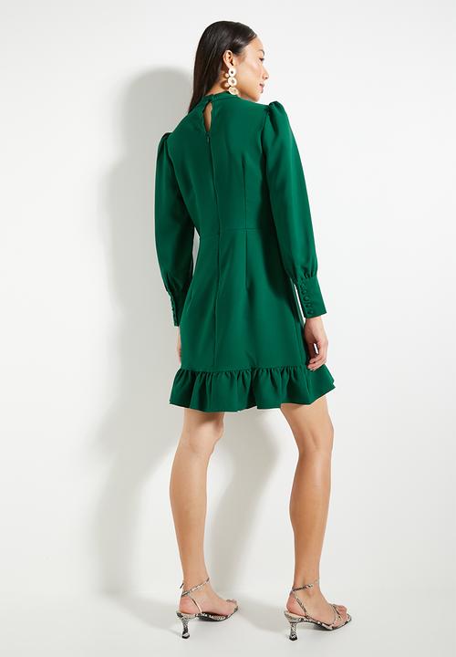 Trendyol - High Neck A-Line Gathered Mini Woven Dress - Emerald Green 