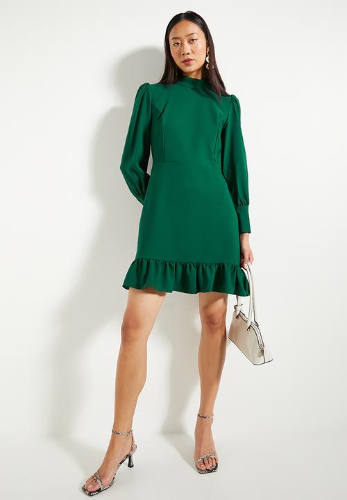 Trendyol - High Neck A-Line Gathered Mini Woven Dress - Emerald Green 