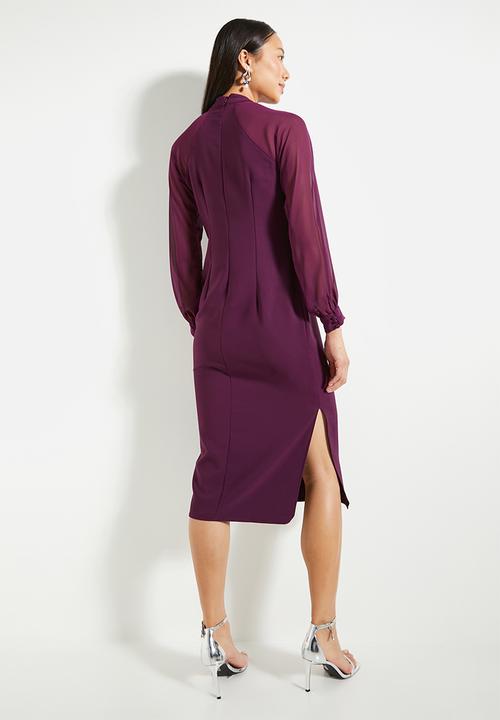 Trendyol - High Collar Sleeve Detailed Midi Woven Dress - Plum 