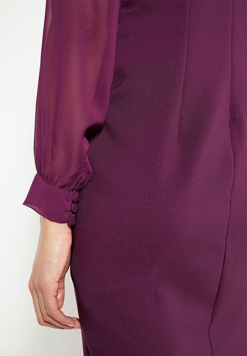 Trendyol - High Collar Sleeve Detailed Midi Woven Dress - Plum 