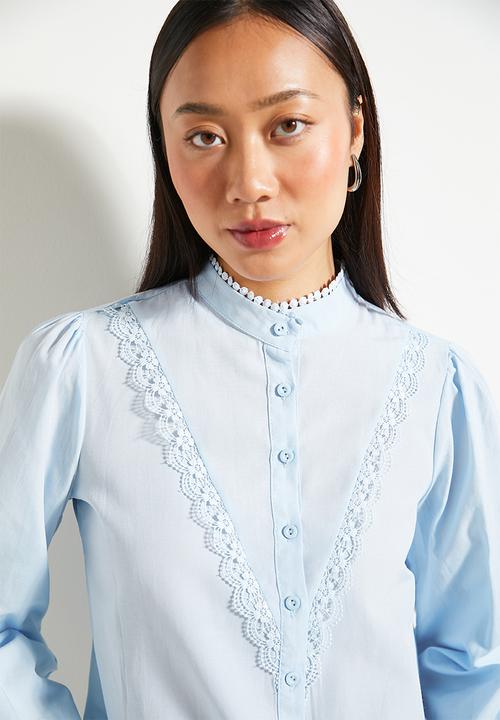 Trendyol - Light blue lace cotton woven shirt
