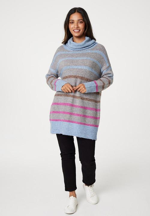 Stella Morgan - Striped Roll Neck Longline Sweater - Grey Melange