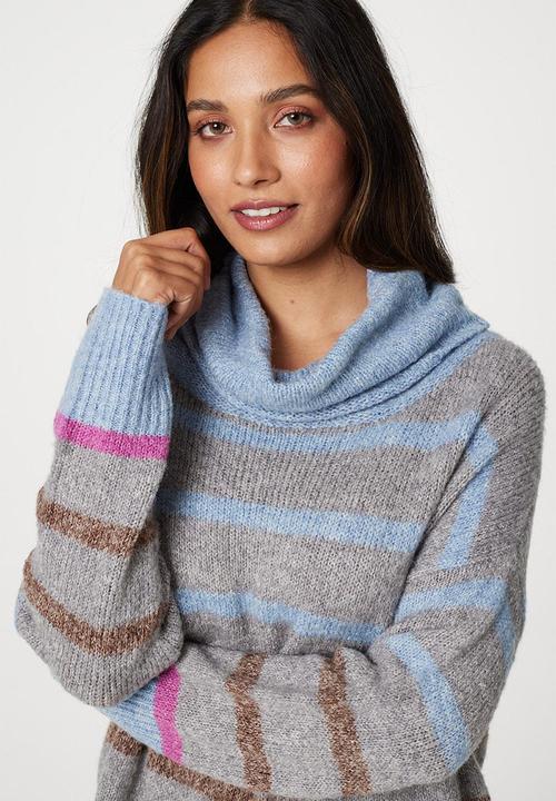 Stella Morgan - Striped Roll Neck Longline Sweater - Grey Melange