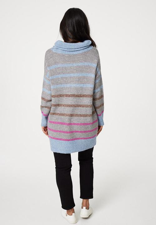 Stella Morgan - Striped Roll Neck Longline Sweater - Grey Melange