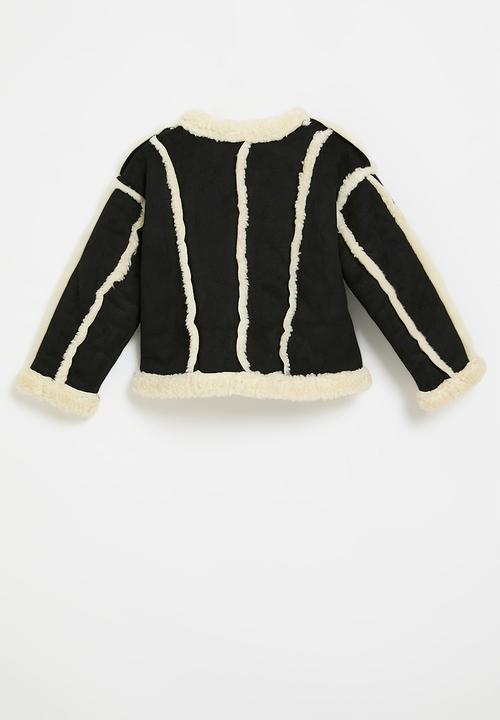 Pop Candy - Shearling trim jacket-black & white