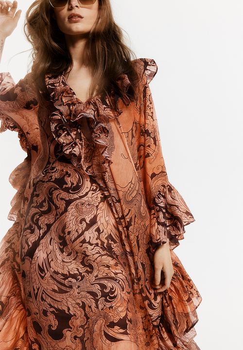 H&M - THE WHITE LOTUS H&M - Ruffled kaftan dress - orange patterned