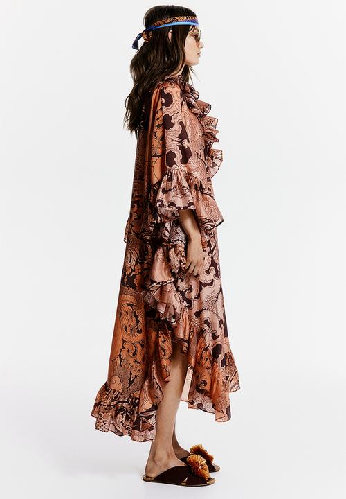 H&M - THE WHITE LOTUS H&M - Ruffled kaftan dress - orange patterned