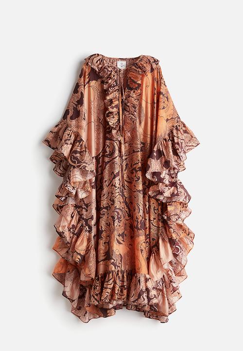 H&M - THE WHITE LOTUS H&M - Ruffled kaftan dress - orange patterned