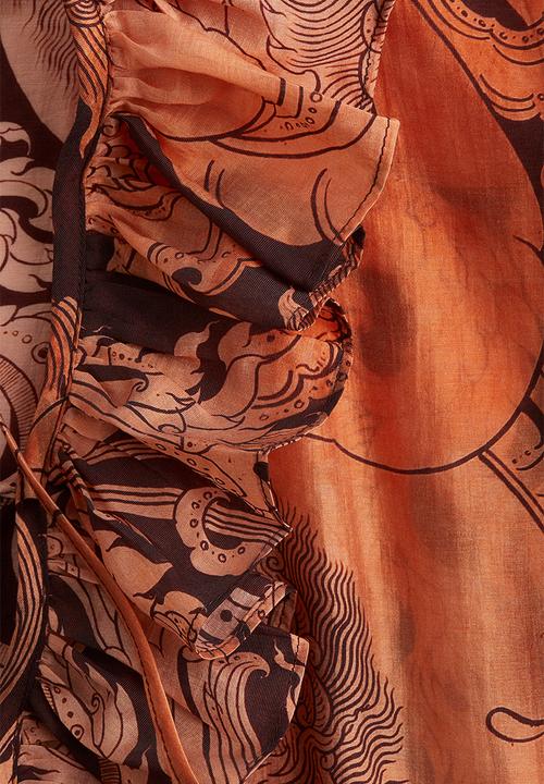 H&M - THE WHITE LOTUS H&M - Ruffled kaftan dress - orange patterned
