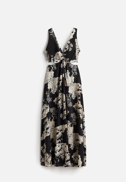 H&M - THE WHITE LOTUS H&M - Twist-detail patterned dress - black patterned 