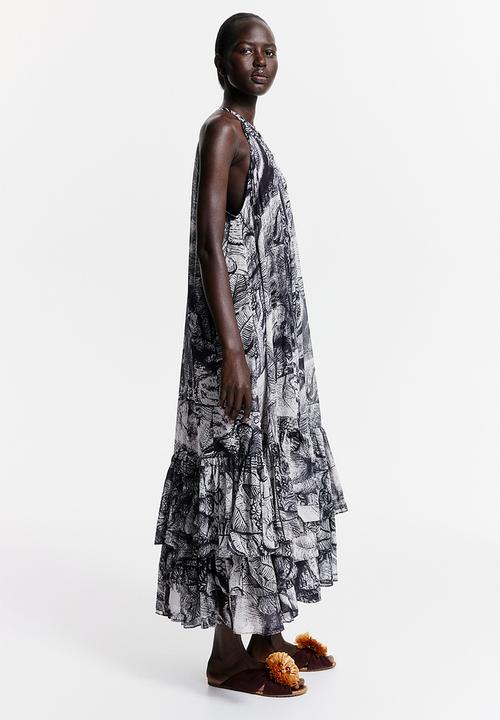 H&M - THE WHITE LOTUS H&M - Patterned chiffon dress - black elephants