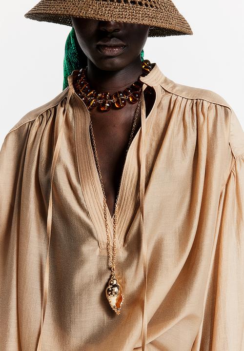 H&M - THE WHITE LOTUS H&M - Balloon-sleeved blouse - beige
