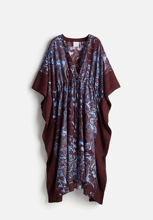 H&M - THE WHITE LOTUS H&M - Patterned kaftan dress - navy blue patterned