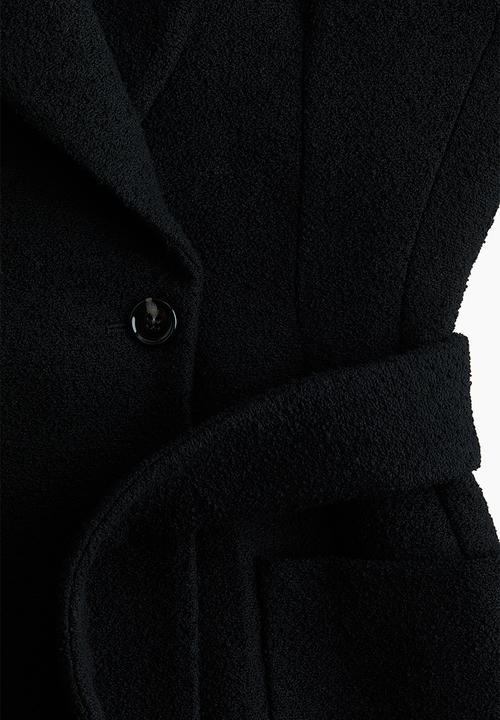 H&M - H&M Studio: Tie-belt bouclé-weave coat - black