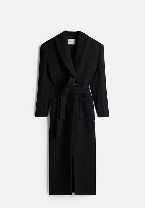 H&M - H&M Studio: Tie-belt bouclé-weave coat - black