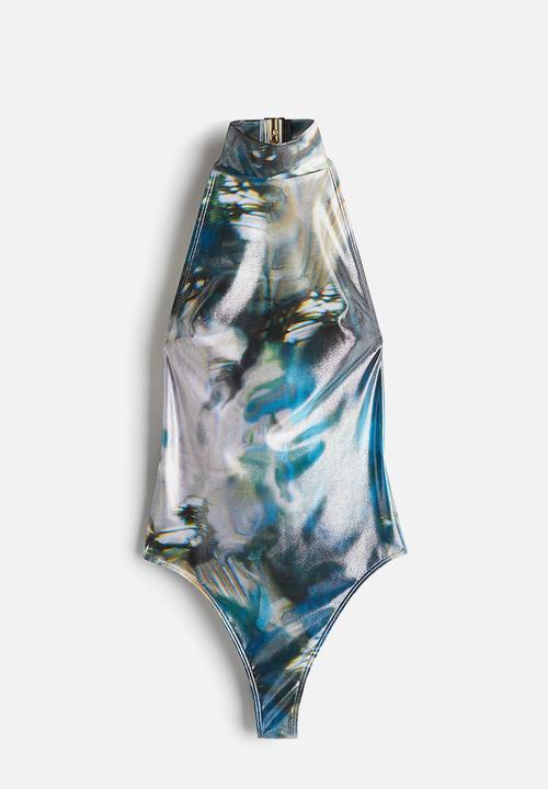 H&M - H&M Studio: Abstract-patterned turtleneck swimsuit - bright blue 
