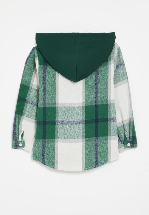 Pop Candy - Hooded tartan overshirt - green & white