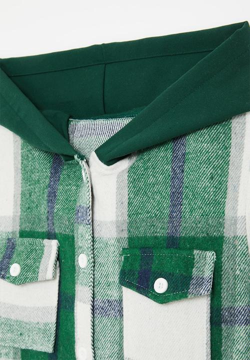 Pop Candy - Hooded tartan overshirt - green & white