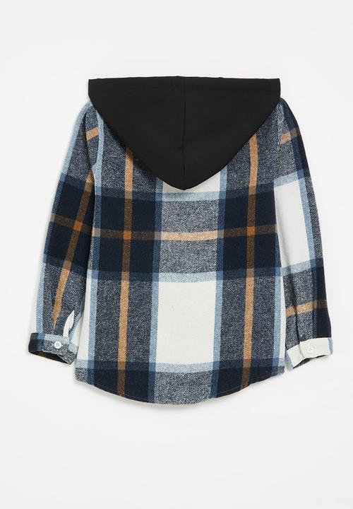Pop Candy - Hooded tartan overshirt - blue & ecru