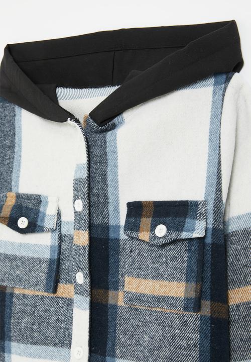 Pop Candy - Hooded tartan overshirt - blue & ecru