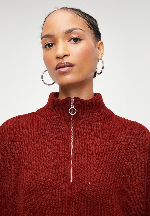 Trendyol - Soft textured zipper knitwear sweater - red