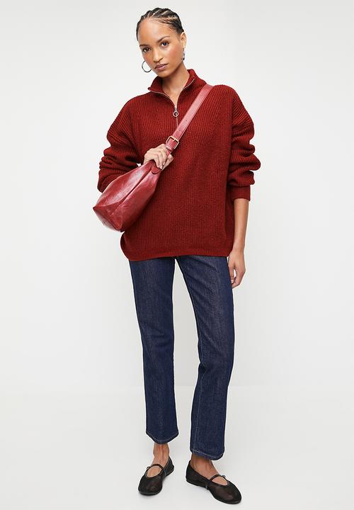 Trendyol - Soft textured zipper knitwear sweater - red