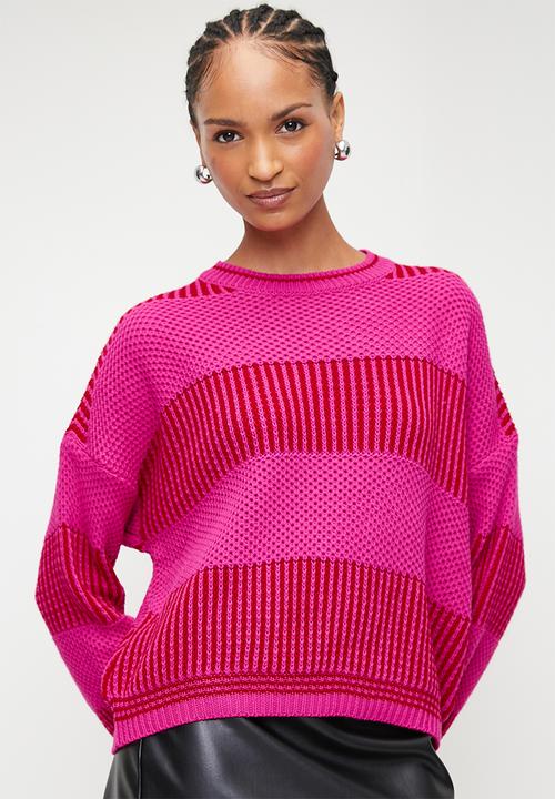 Trendyol - Wide Pattern Striped Knitted Sweater - Fuchsia 