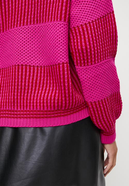 Trendyol - Wide Pattern Striped Knitted Sweater - Fuchsia 