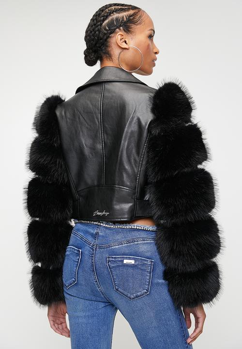 SISSY BOY - FESTIVAL:  Faux Leather Biker With Faux Fur Sleeve Combo Jacket - Black