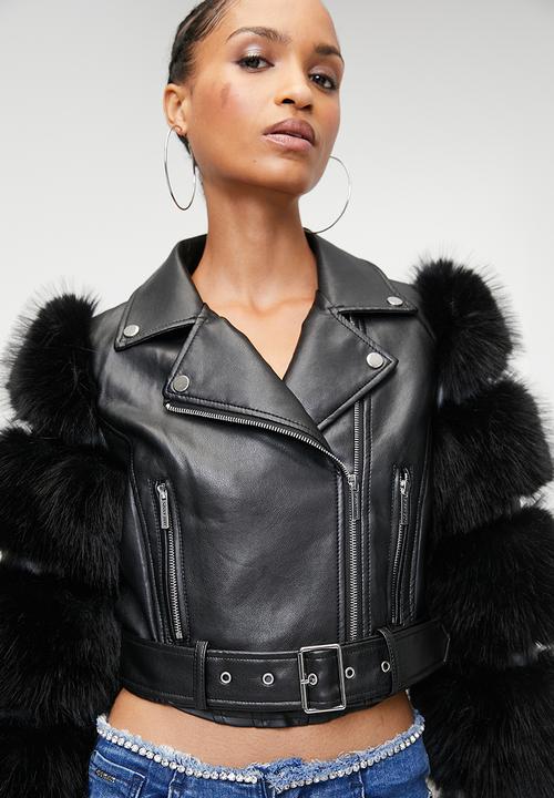 SISSY BOY - FESTIVAL:  Faux Leather Biker With Faux Fur Sleeve Combo Jacket - Black