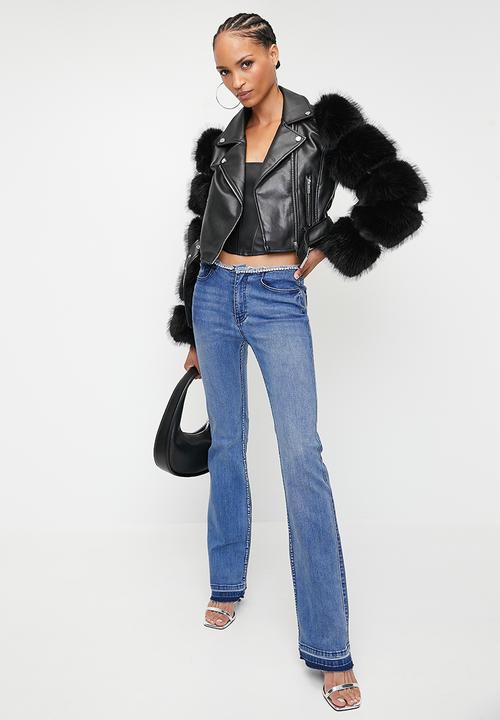 SISSY BOY - FESTIVAL:  Faux Leather Biker With Faux Fur Sleeve Combo Jacket - Black