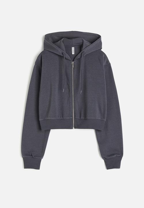 Cropped zip-through hoodie - dark grey - 1193900020