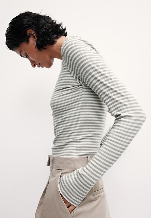 H&M - Ribbed jersey top - sage green/striped