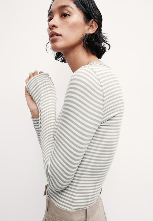H&M - Ribbed jersey top - sage green/striped