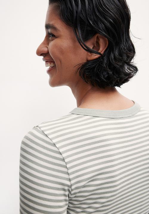 H&M - Ribbed jersey top - sage green/striped