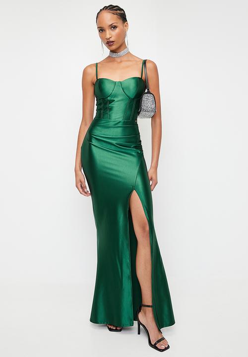 SISSY BOY - MUST BE THE LIFE: Shiny Caged Corset  Maxi  - Bottle Green