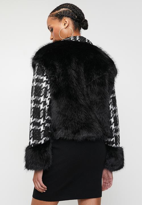 SISSY BOY - HOUNDING YOU: Houndstooth And Faux Fur Combination Jacket - Black / White