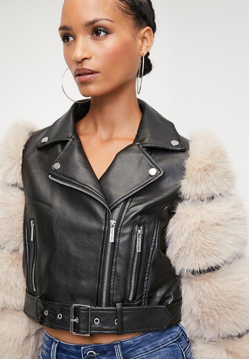 SISSY BOY - FESTIVAL:  Faux Leather Biker With Faux Fur Sleeve Combo Jacket - Black / Stone