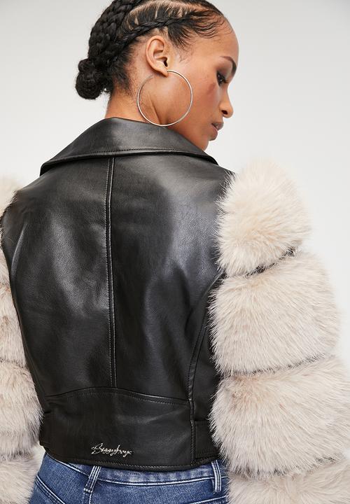 SISSY BOY - FESTIVAL:  Faux Leather Biker With Faux Fur Sleeve Combo Jacket - Black / Stone