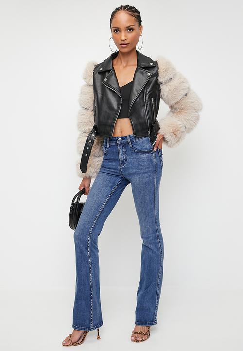 SISSY BOY - FESTIVAL:  Faux Leather Biker With Faux Fur Sleeve Combo Jacket - Black / Stone
