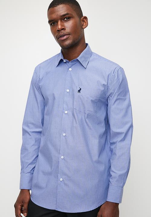 POLO - Mens Long Sleeve Pocket Stripe Work Shirt - Blue