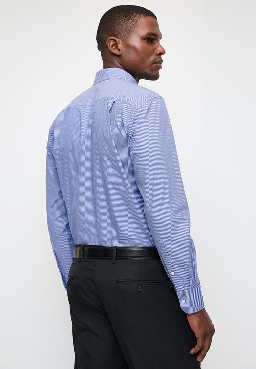 POLO - Mens Long Sleeve Pocket Stripe Work Shirt - Blue