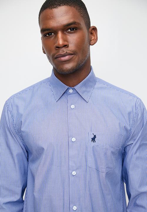 POLO - Mens Long Sleeve Pocket Stripe Work Shirt - Blue