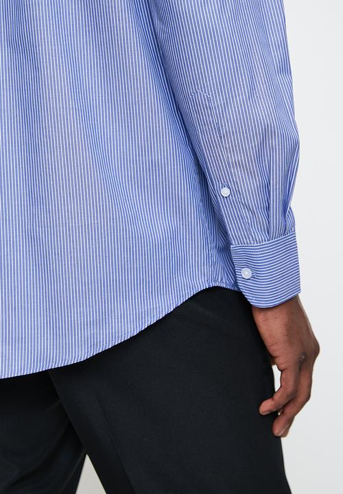 POLO - Mens Long Sleeve Pocket Stripe Work Shirt - Blue