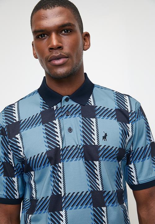 POLO - Mens Printed Check Dm Short Sleeve Golfer  - Blue