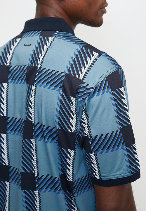 POLO - Mens Printed Check Dm Short Sleeve Golfer  - Blue
