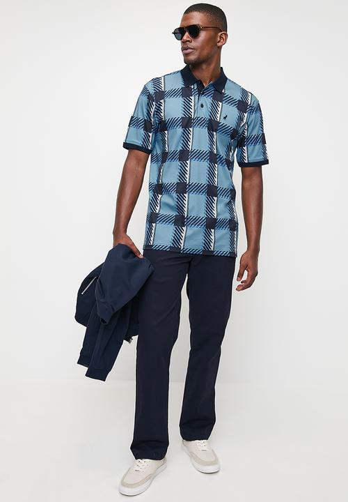 POLO - Mens Printed Check Dm Short Sleeve Golfer  - Blue