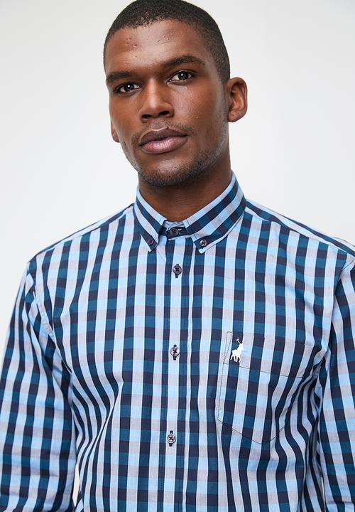 POLO - Mens Easy Care Check Long Sleeve Shirt - Blue